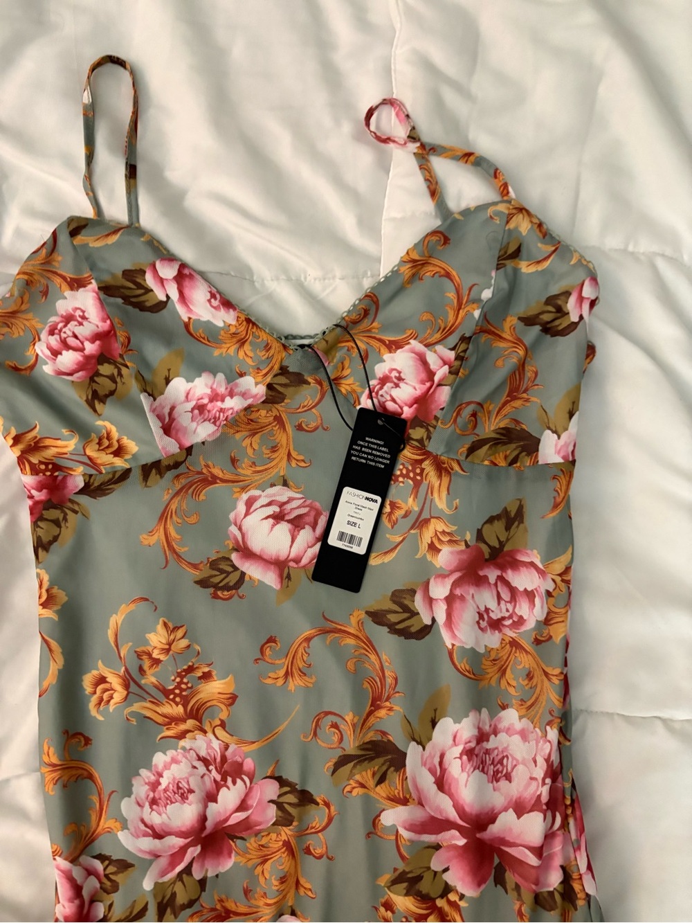 Fashion Nova Sage Floral Spaghetti-Strap Dress Top